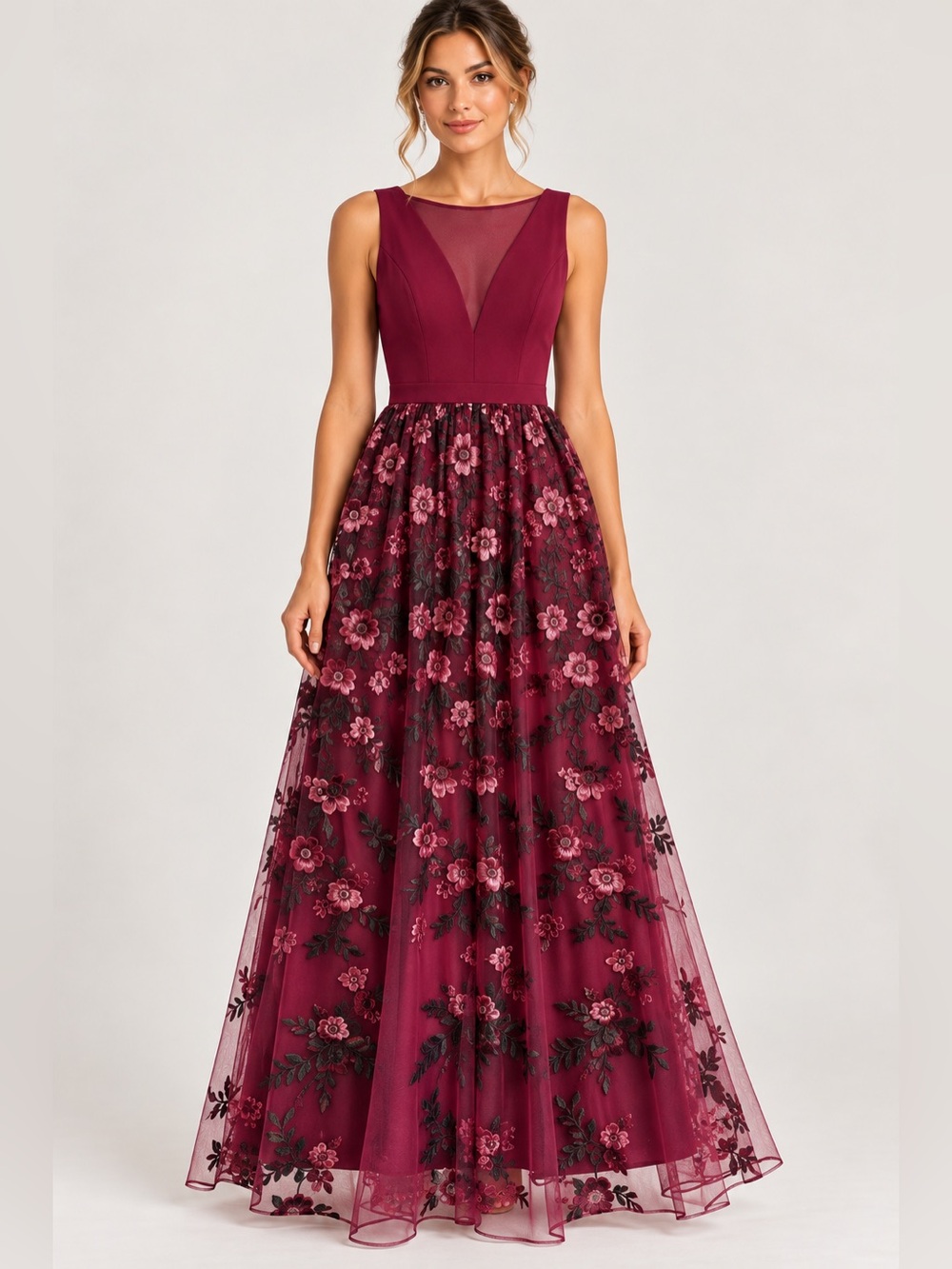 CAMILLE LA VIE Floral Embroidered Tulle Maxi Gown Size 4